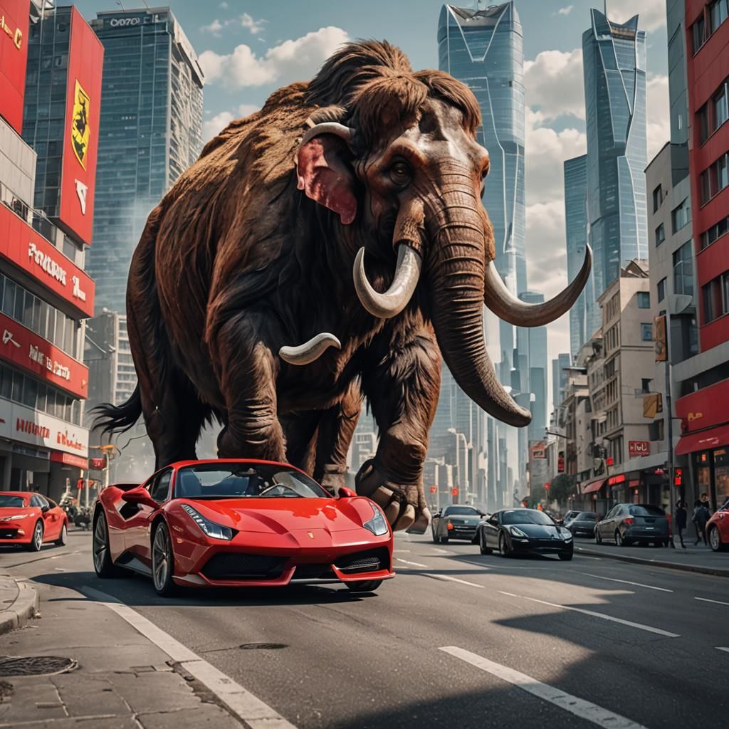 Cro-Magnon on Mammoth in Futuristic Cityscape