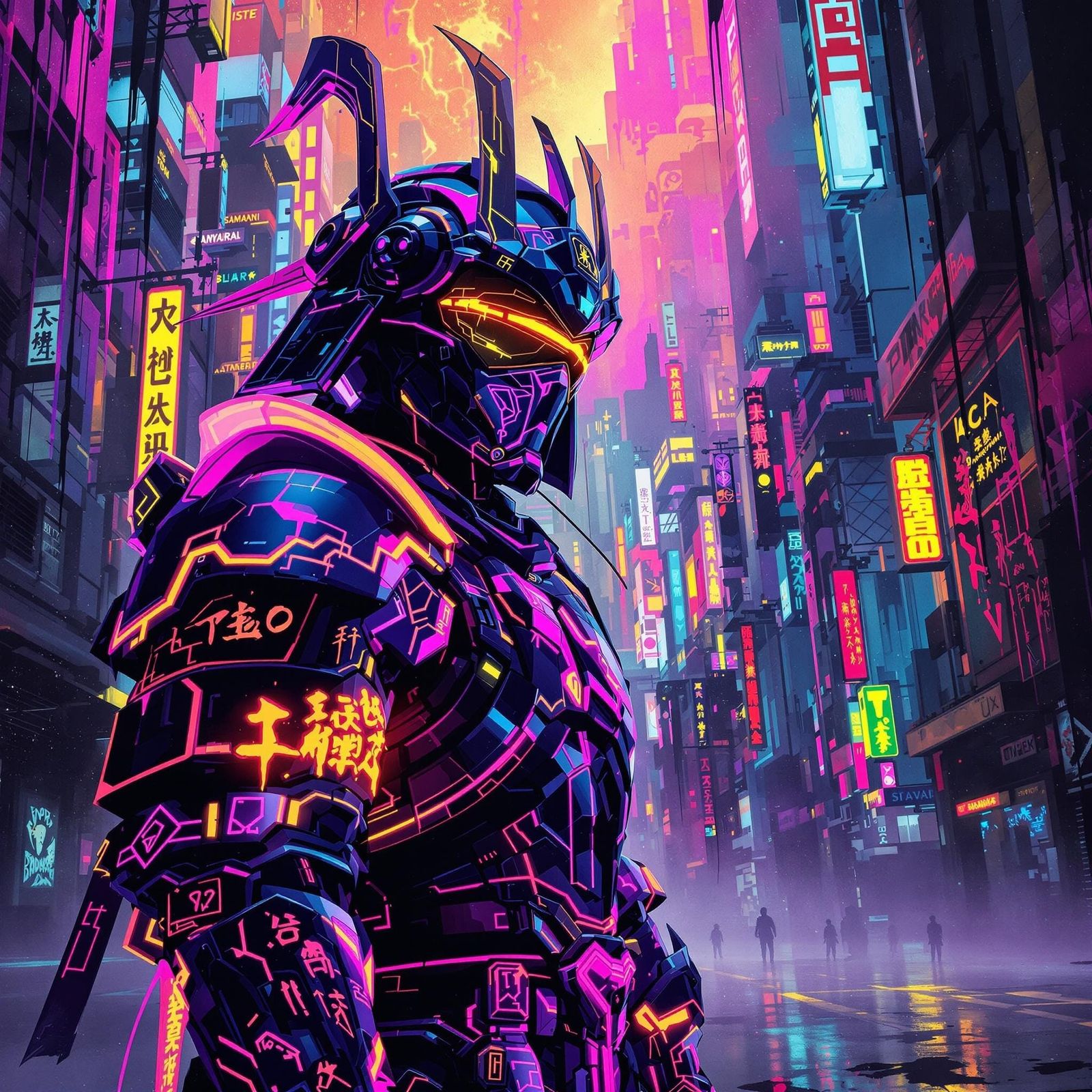 Neon Street Samurai in Cyberpunk Cityscape
