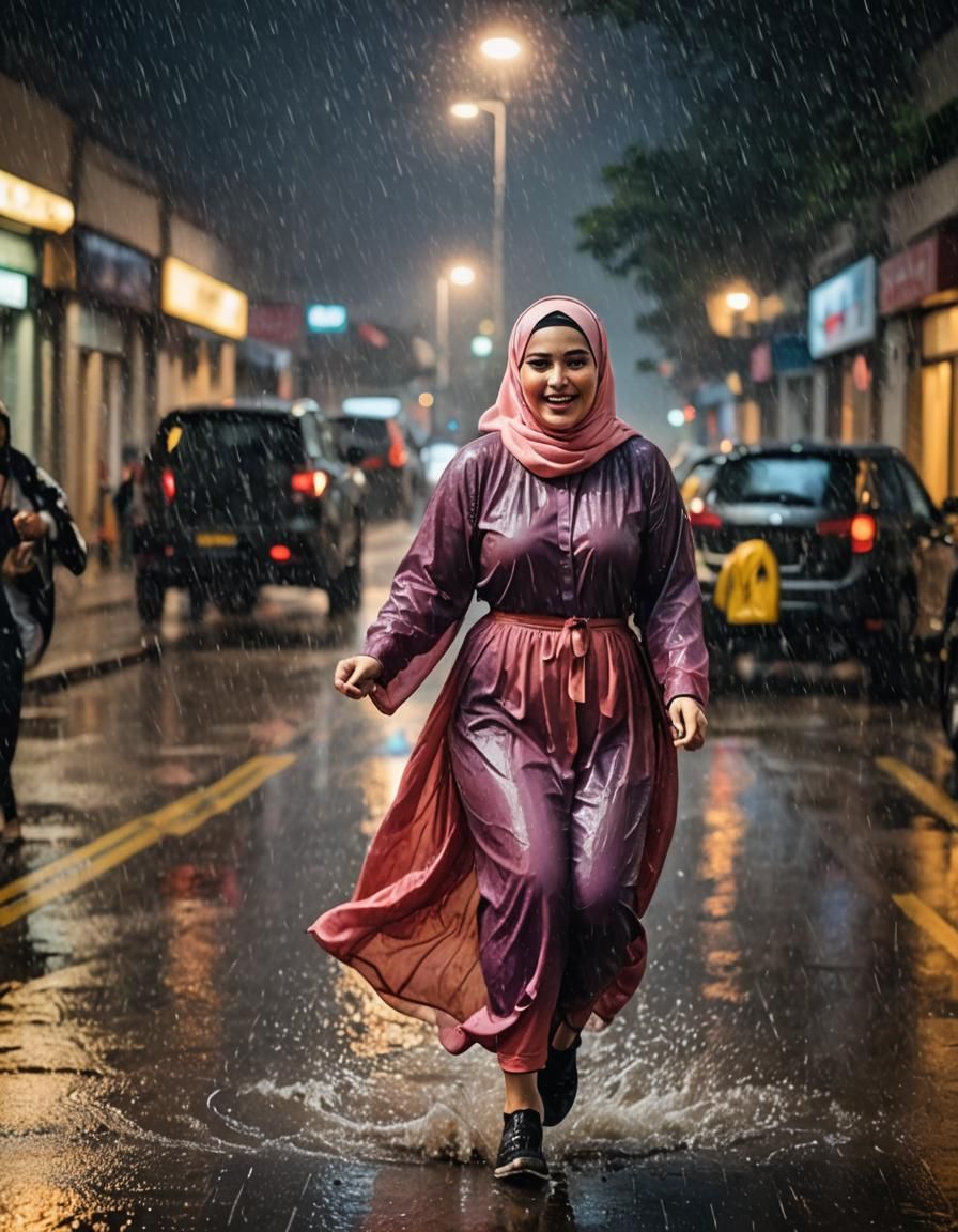 Woman in Hijab Runs in the Rain: Cinematic Scene