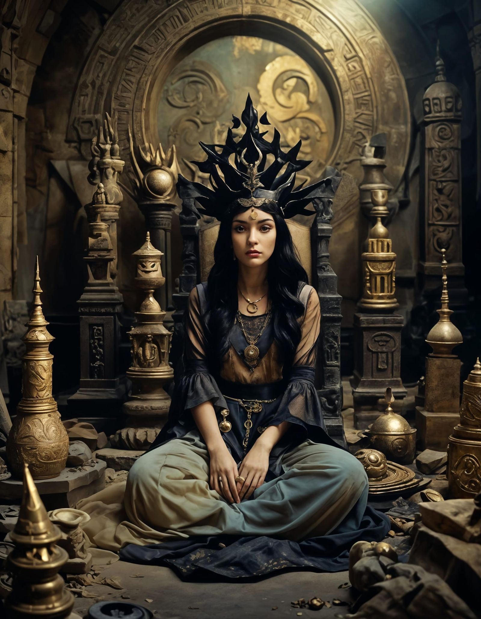 Mystical Priestess with Crescent Crown in Surreal Style