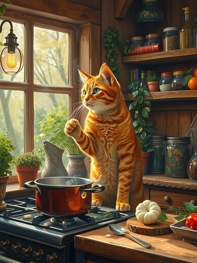 Tabby Cat Chef in Cozy Kitchen, Hyperrealistic Style