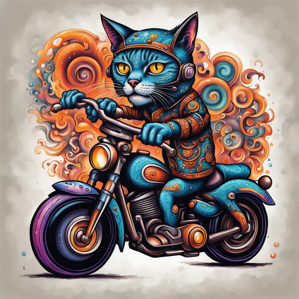 Tattoo of a funny mean psychedelic hellian cat with big eyes riding a Harley motorcycle