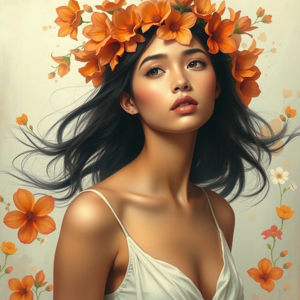Ethereal Latina Woman in Art Nouveau-Inspired Floral Crown
