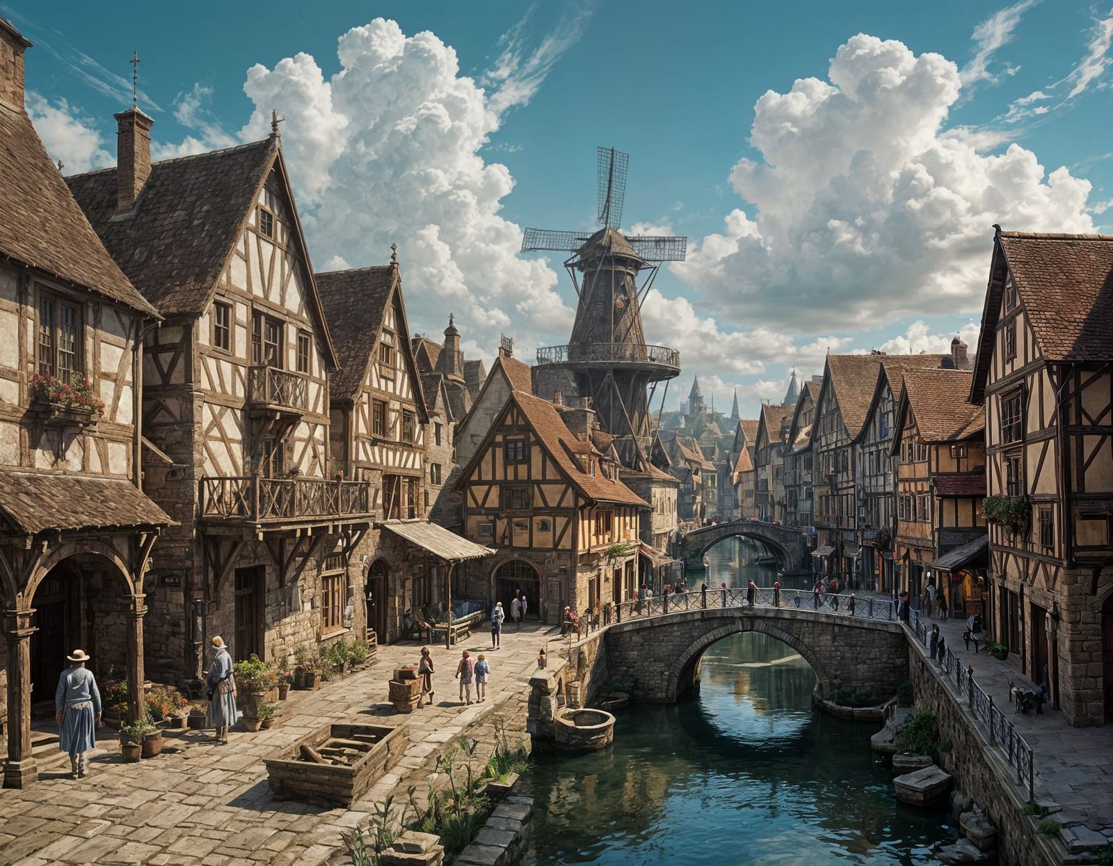 Medieval Village Unfolds in Whimsical Oil Painting