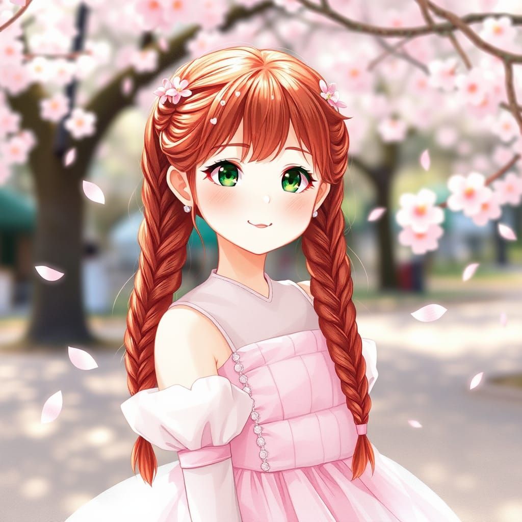 Japanese Woman in Cherry Blossom Park, Watercolor Style