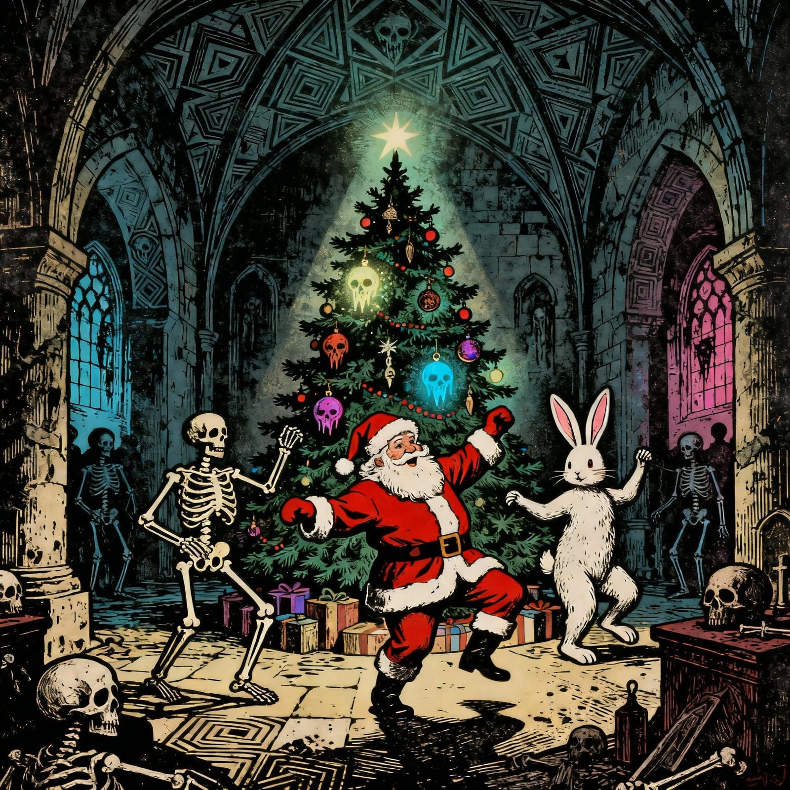Surreal Crypt Dance: Santa, Skeletons, Easter Bunny