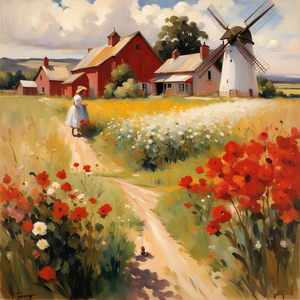 Idyllic Farm Life in Oil Painting Style
