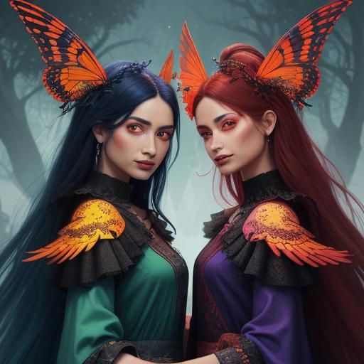 Two Devil Women in Fiery Landscape