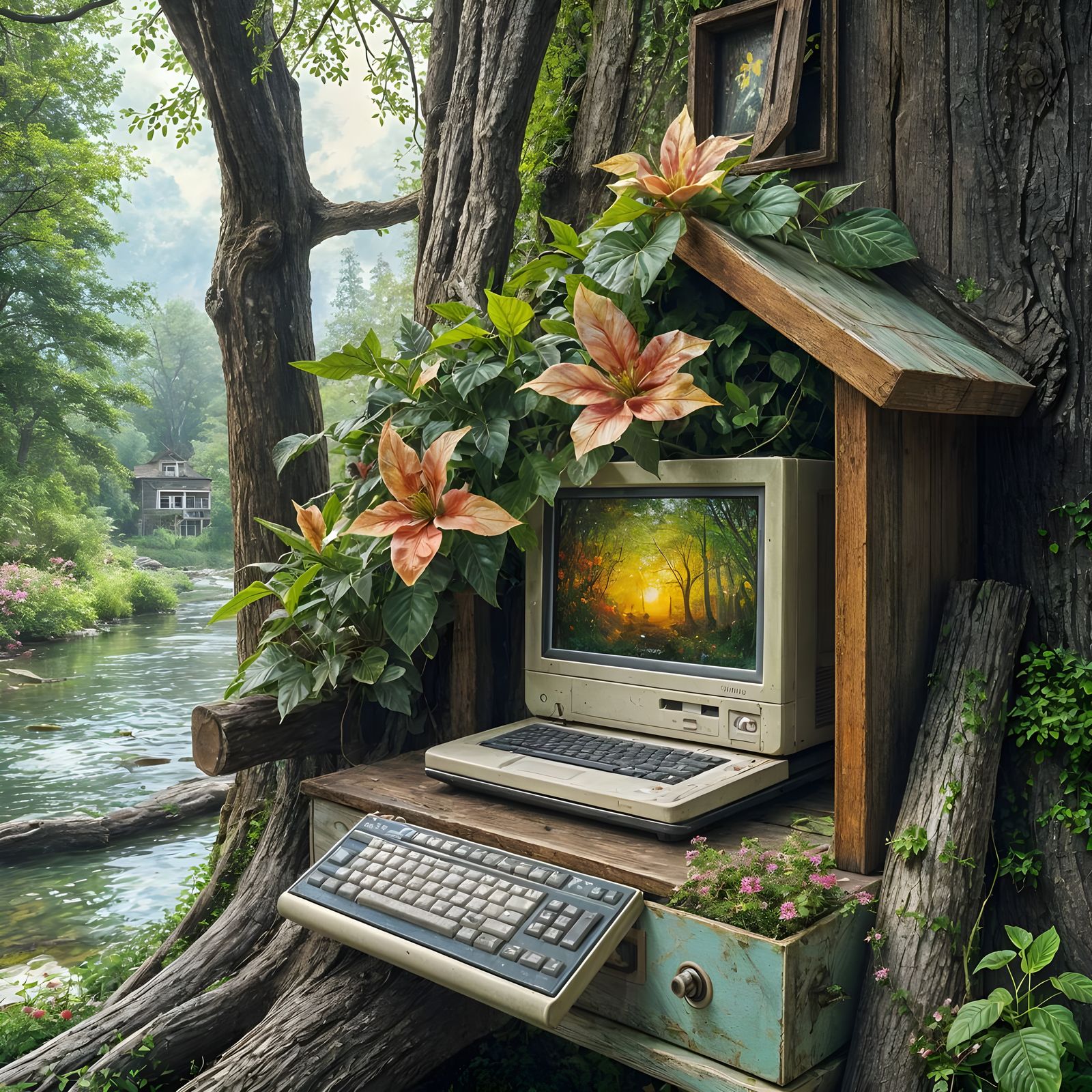 Vines and Flowers Grow From Abandoned Computer, Gouache Styl...