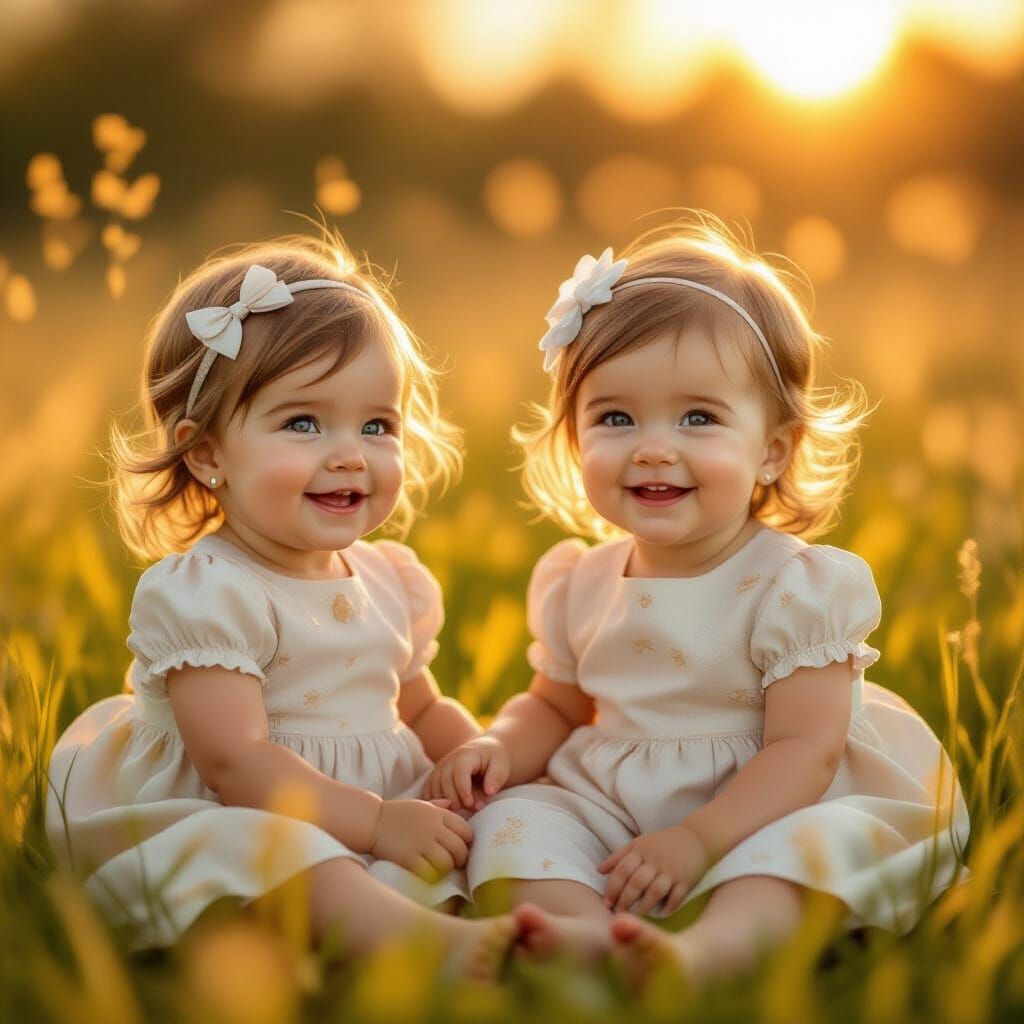 Radiant Twin Girls in Sunlit Meadow