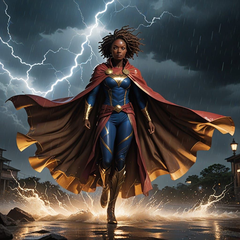 African American Superheroine Protects Young Girl from Storm...