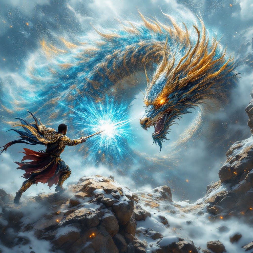 Warrior using special skills to slay dragon