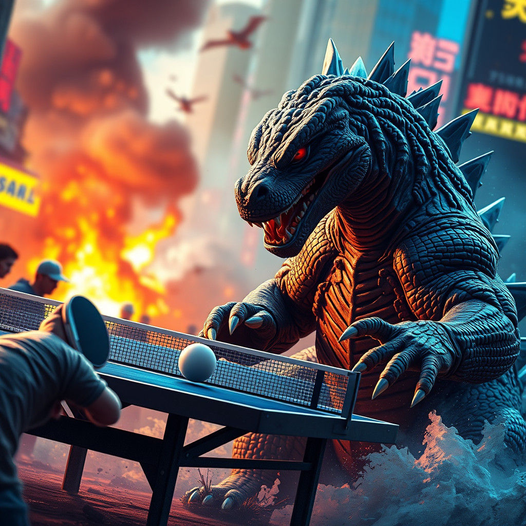 Godzilla Plays Ping Pong: Hyperrealistic Splash Art