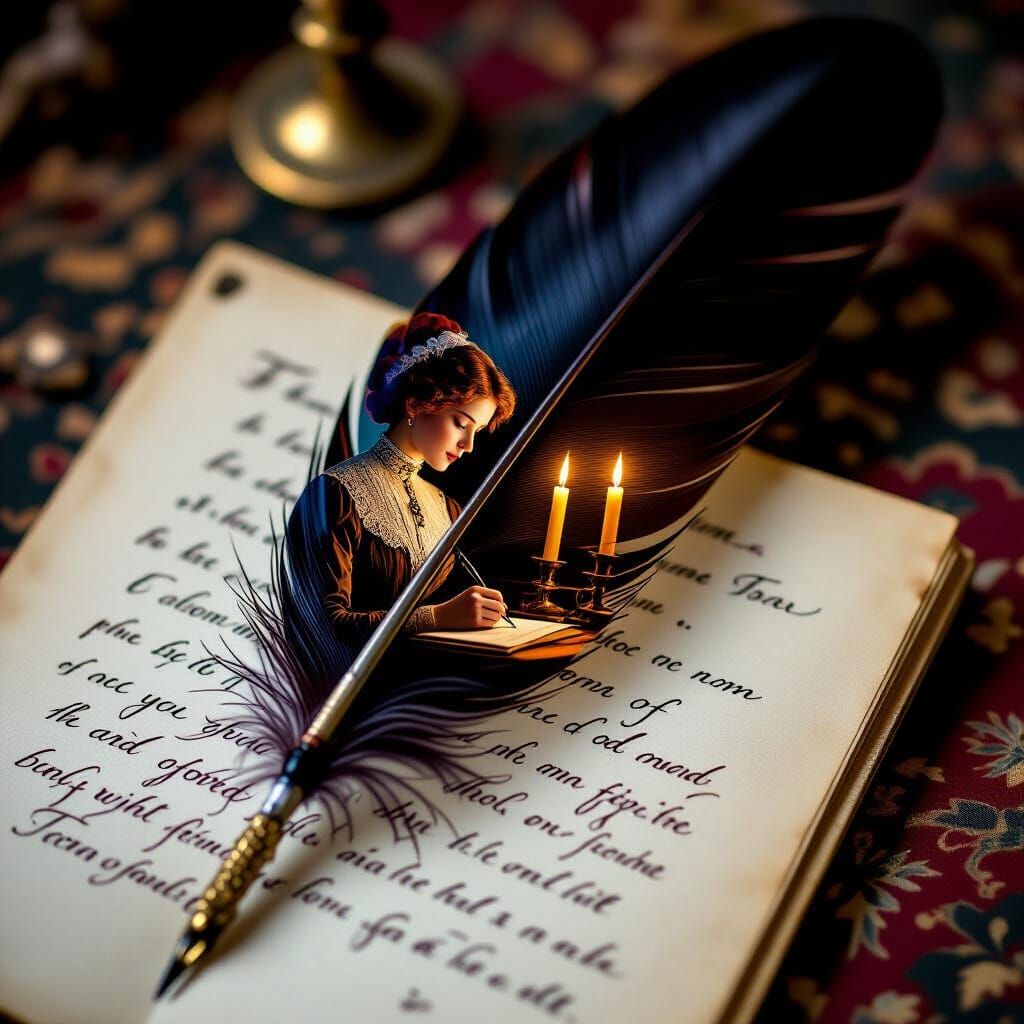 Victorian Girl Writing with Quill Feather: Double Exposure