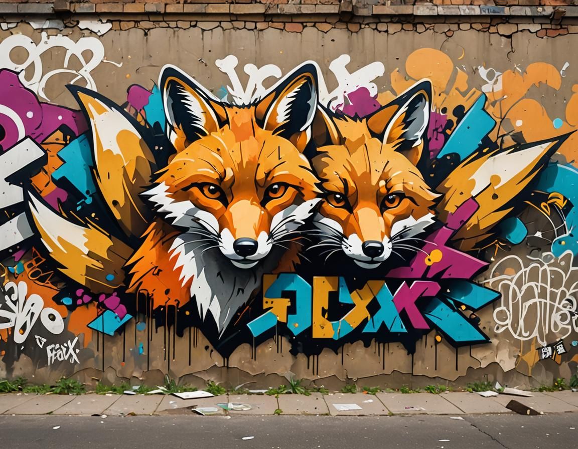 Vibrant Hip-Hop Fox Mural on Crumbling City Wall