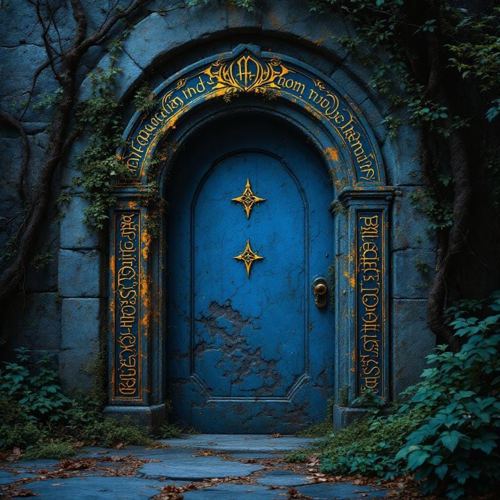 Blue Stone Door with Gallifreyan Script in Retro-Futuristic ...