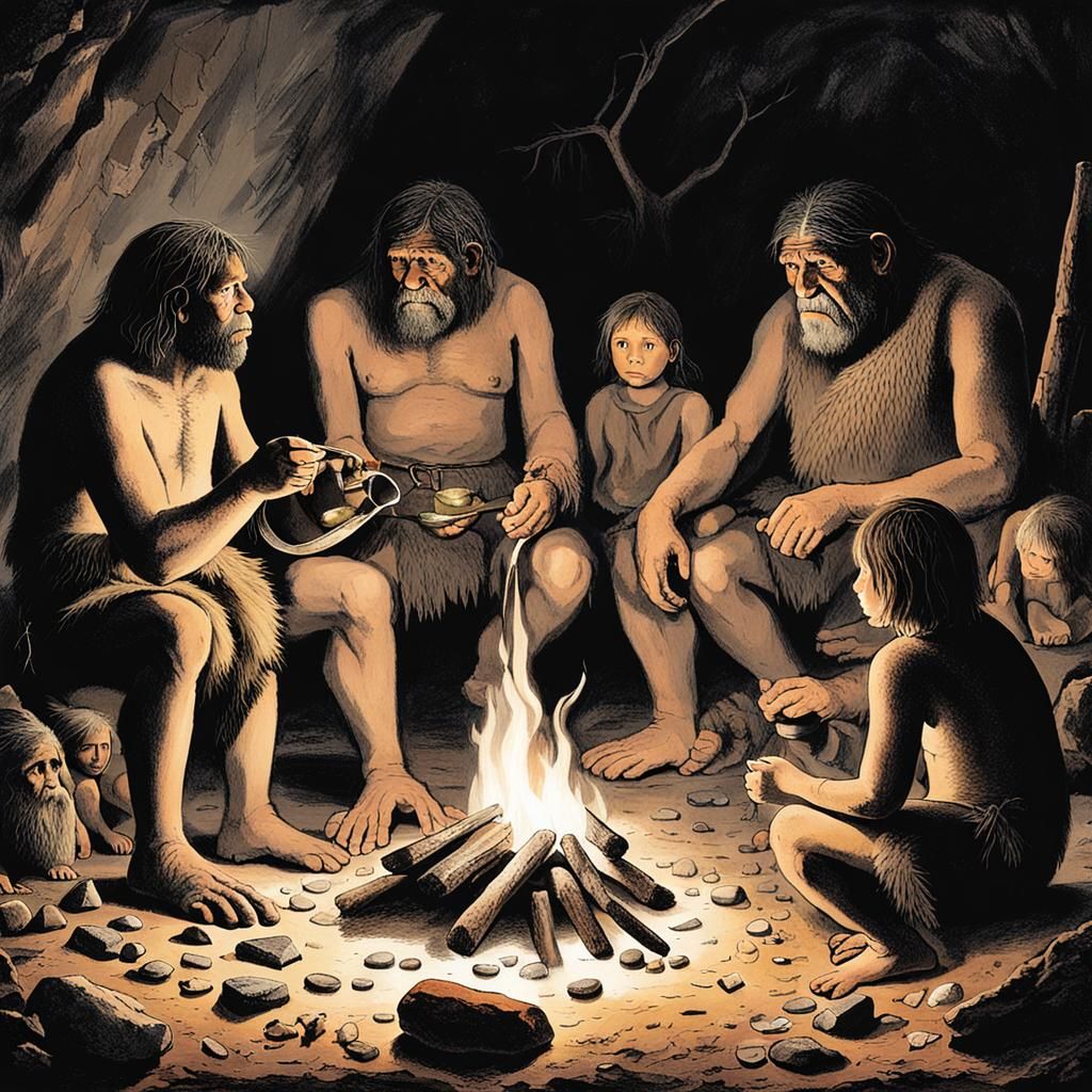 Neanderthal Family Cooking Food Around Fire