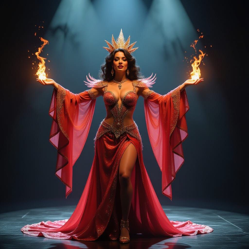 Sorceress Showgirl Commands Stage with Magic
