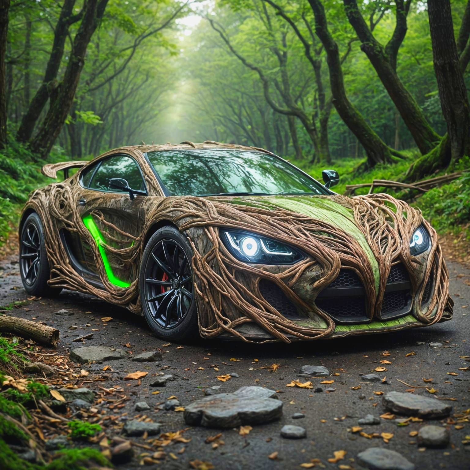 Groot Sports Car in a Misty Forest