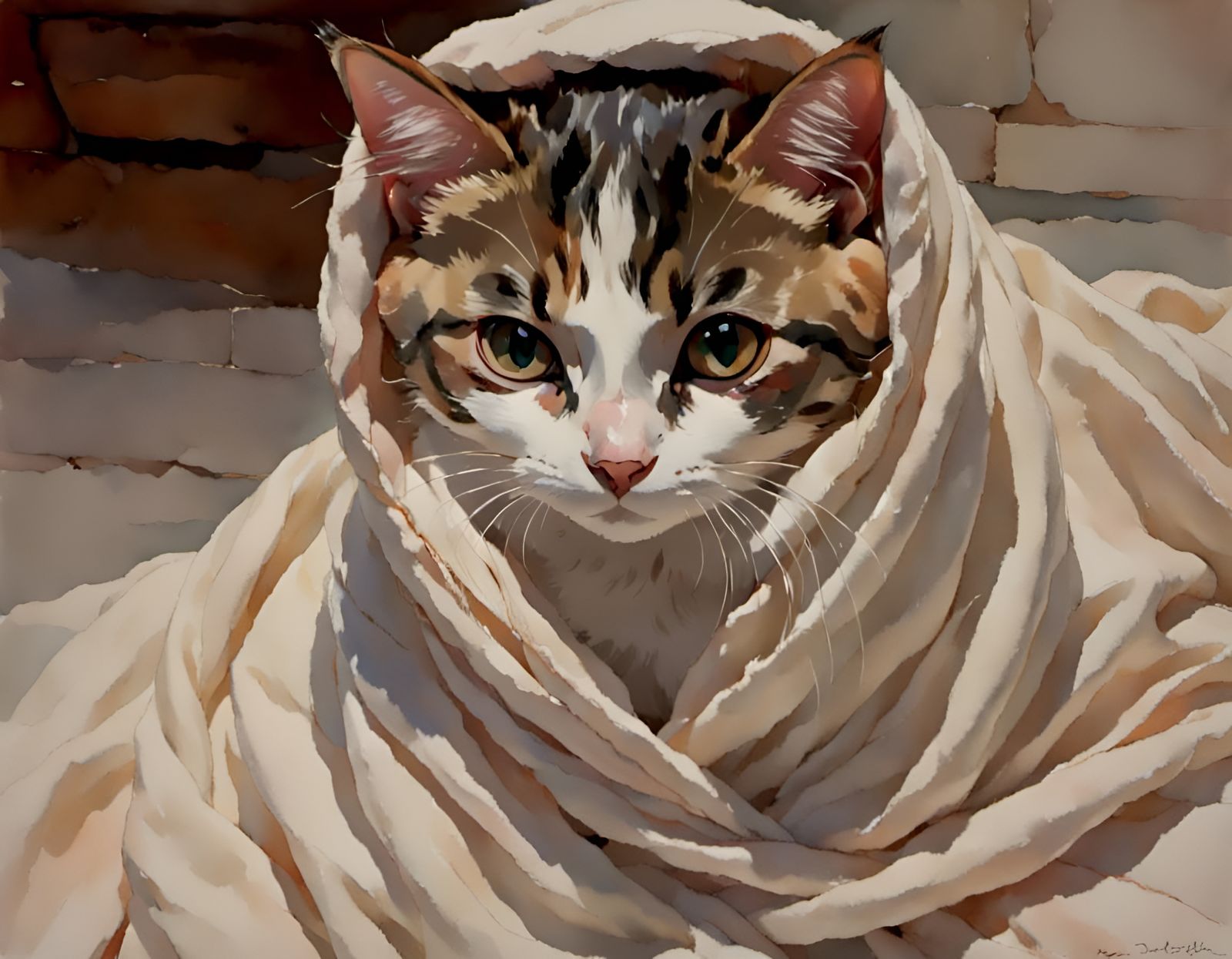 Cute Cat Wrapped in Blanket in Soft Light