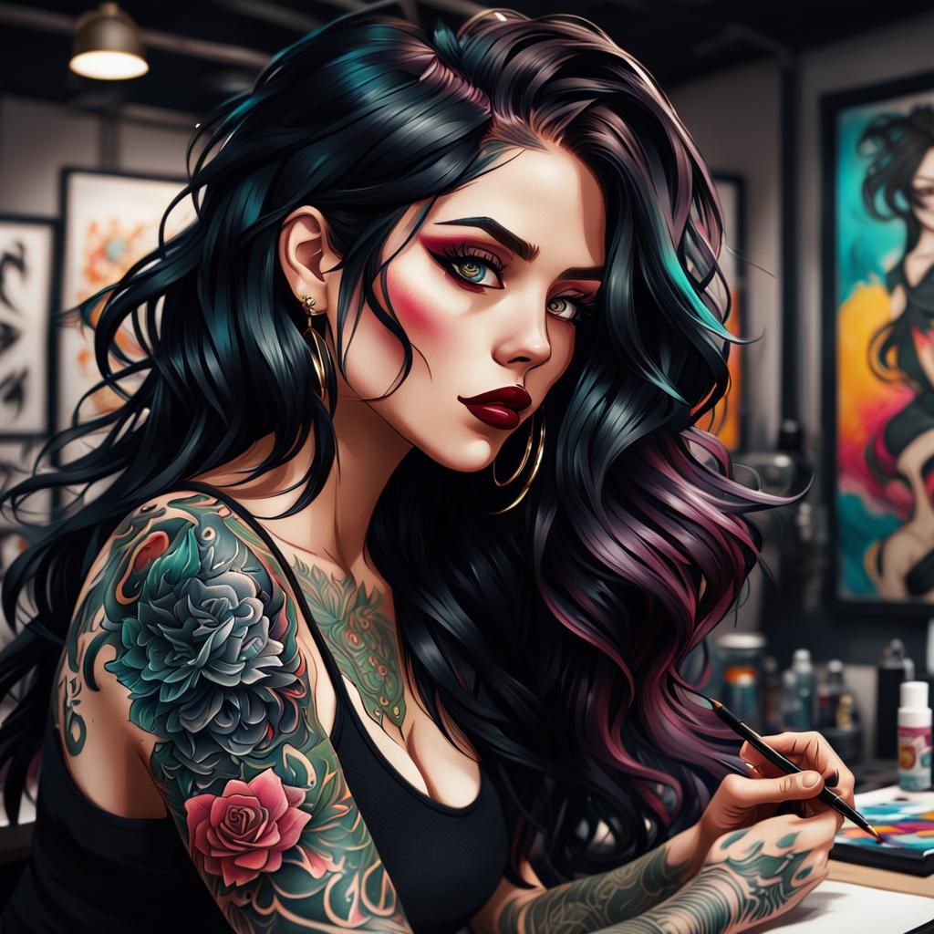 Anime Tattoo Artist at Work in Cel-Shaded Style