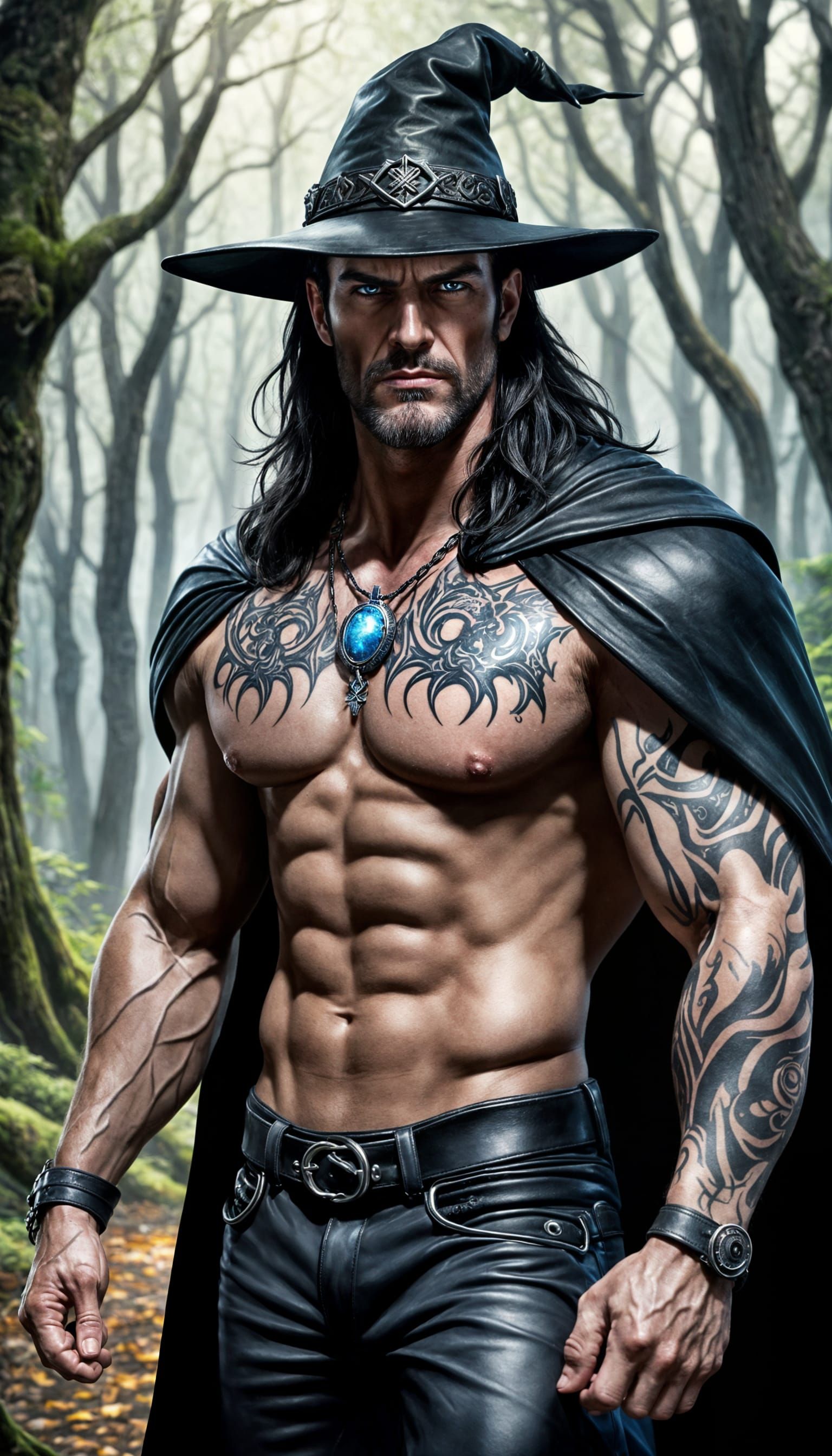 Muscular Male Witch Strolls Through Enchanted Forest in Dark...