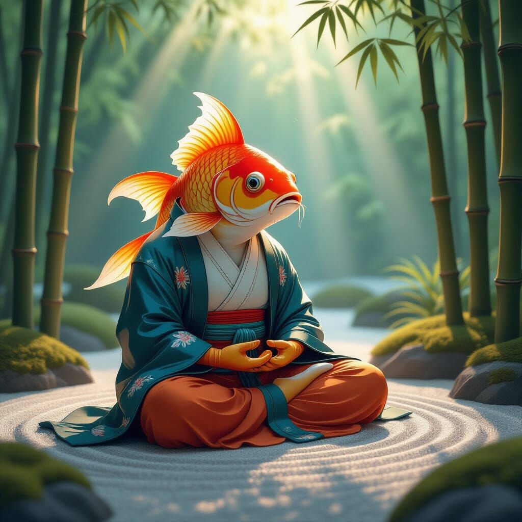Meditating Anthropomorphic Koi Carp in Zen Garden