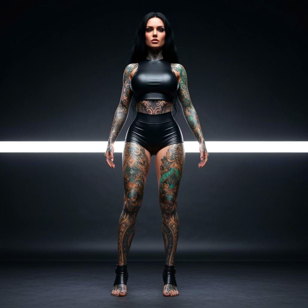 Powerful Woman with Intricate Tattoos in Glossy Outfit