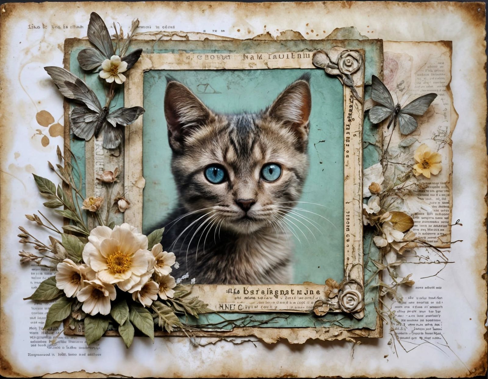 Vintage Kitten Scrapbook Page with Flowers and Letters
