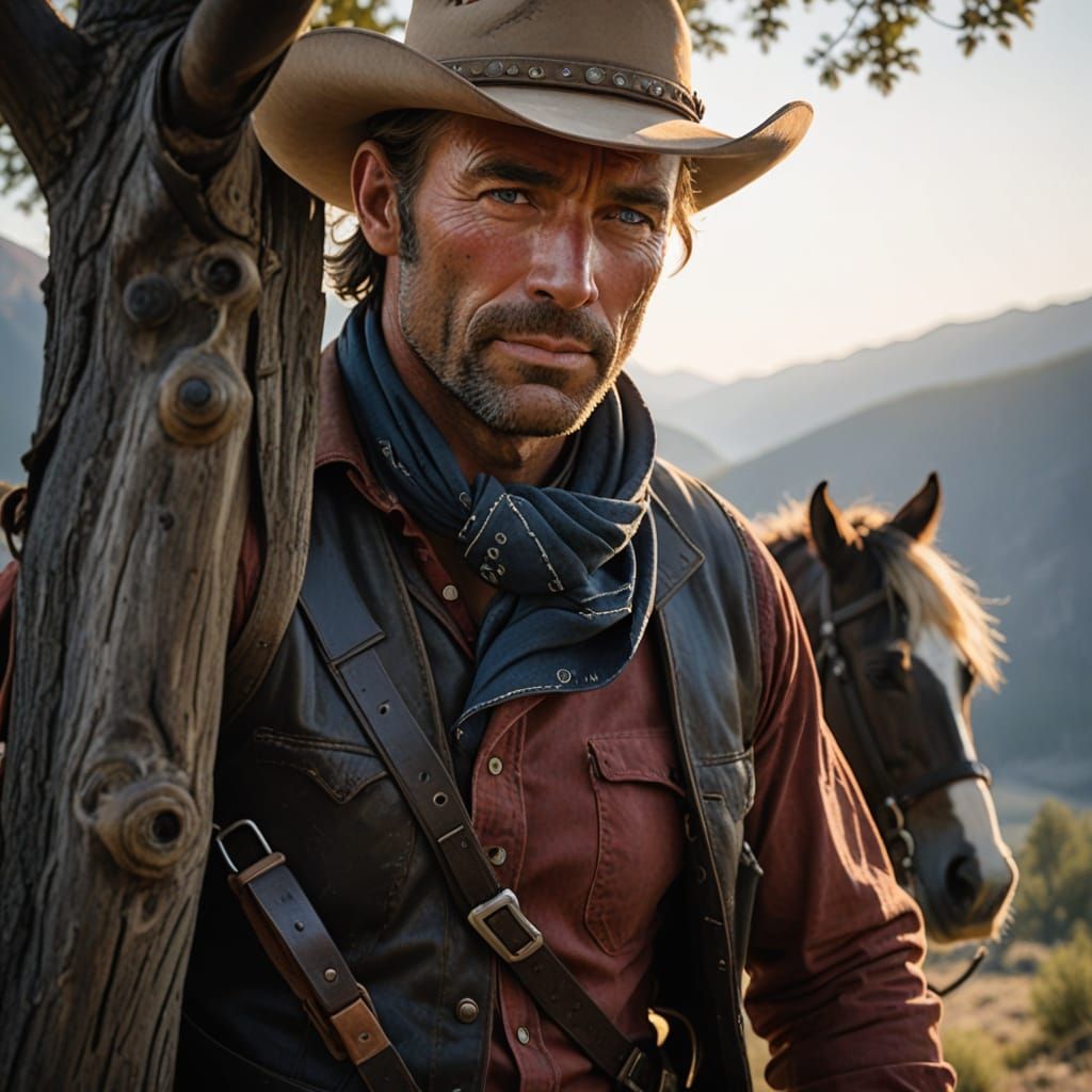 Rugged Cowboy Talking to His Horse at Sunset