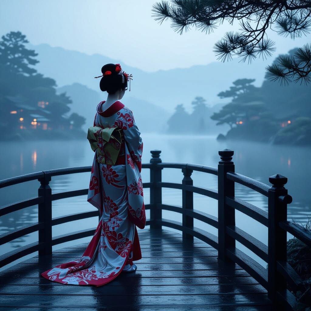 Geisha on Misty Bridge at Twilight