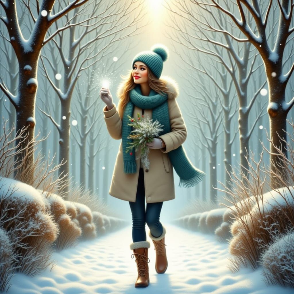 Woman in Snowy Garden with Holly Scarf