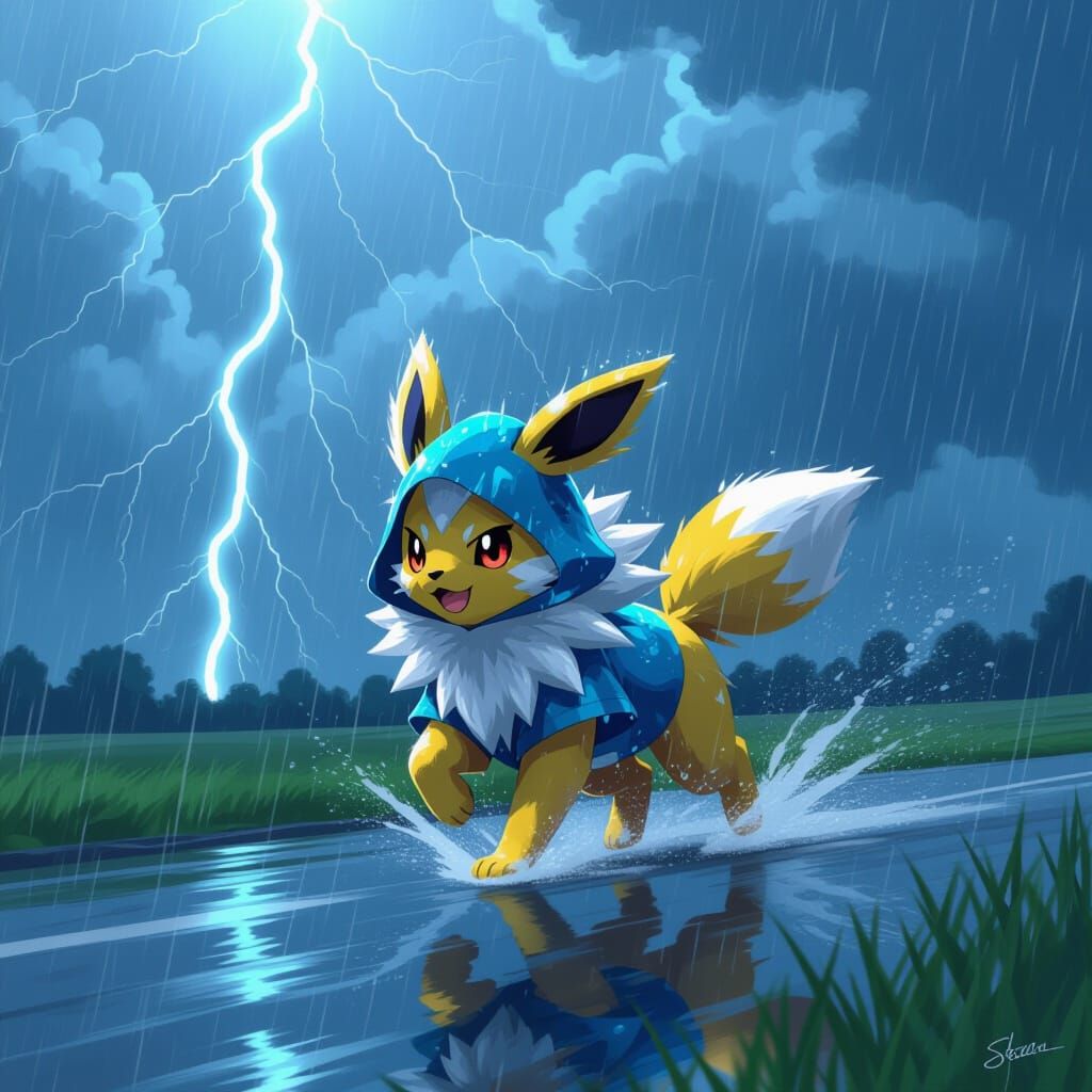Jolteon Runs Through a Cyberpunk Thunderstorm