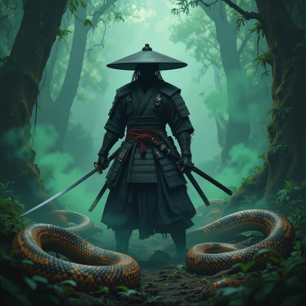 Black Samurai in Amazon Forest with Severed Snakes