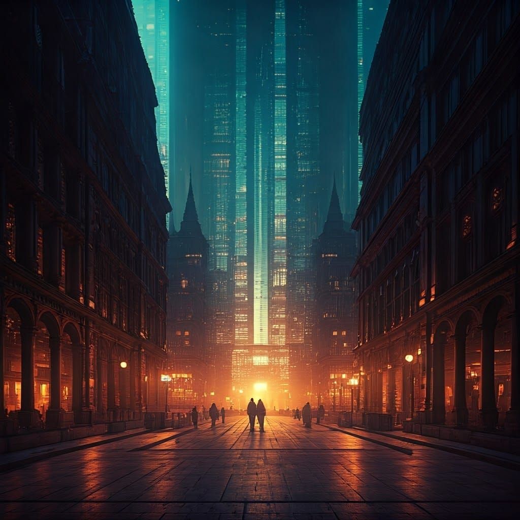 Dystopian Gothic Metropolis in High-Contrast Fantasy Style