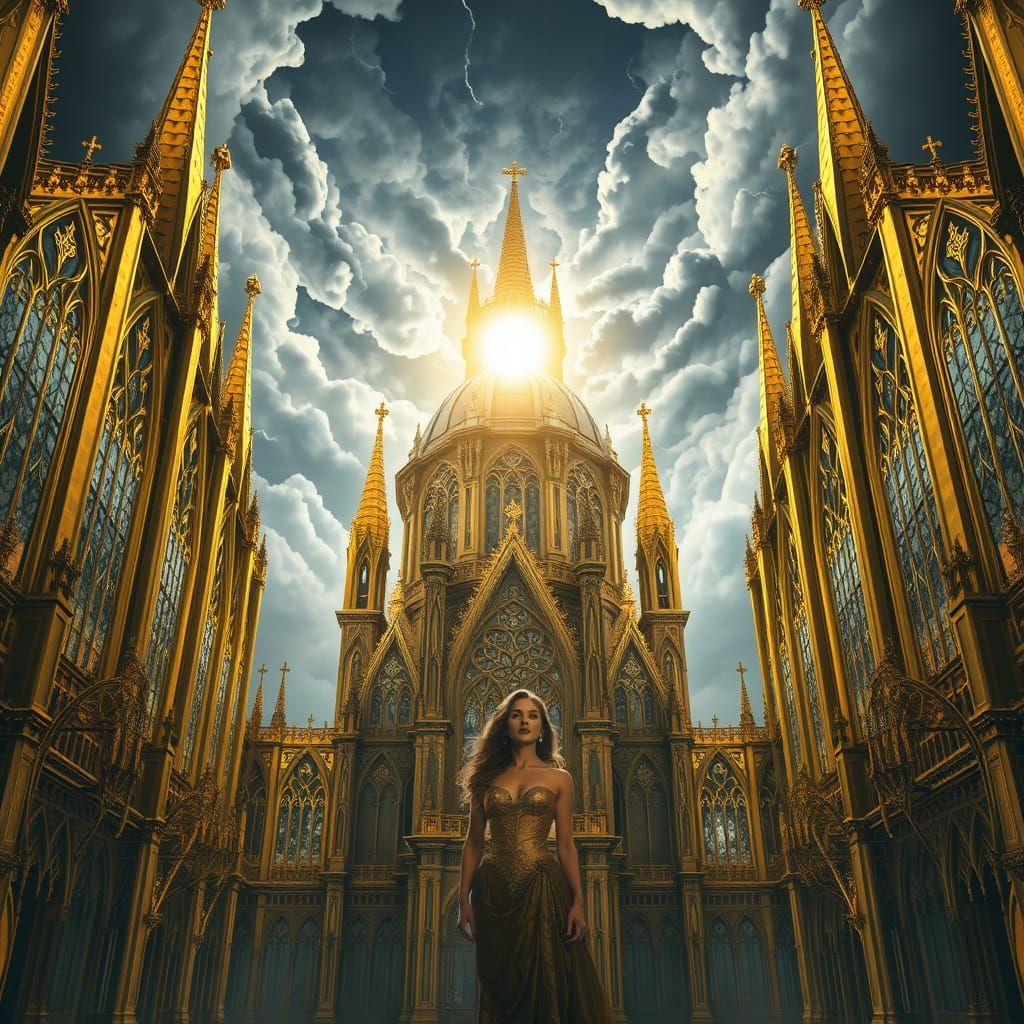 Gothic Golden Palace with Majestic Woman in Digital Art