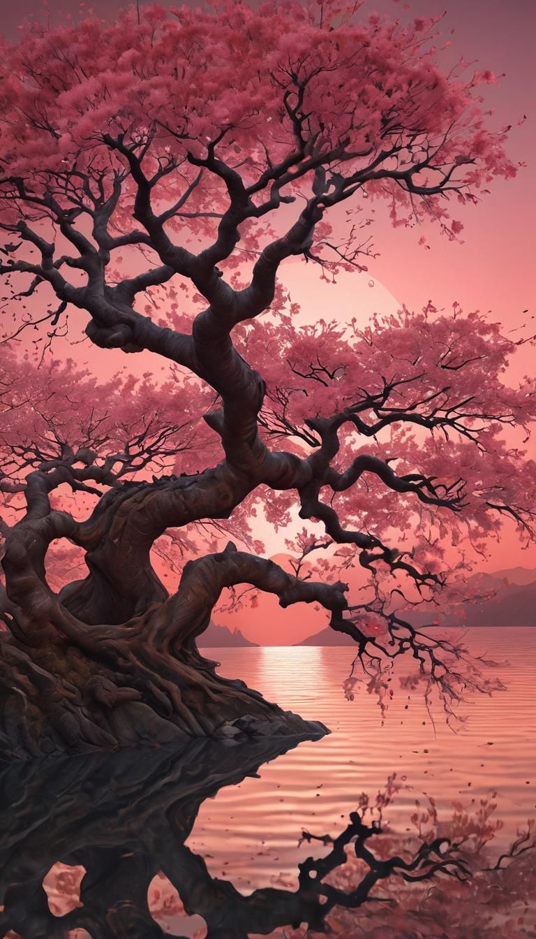 Pink Sakura Tree Blooms in Surreal Etching Style