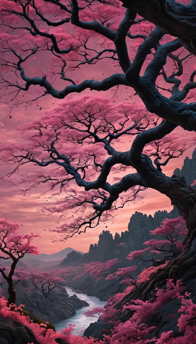 Fractal Sakura Tree at Sunset in Ethereal Landscape