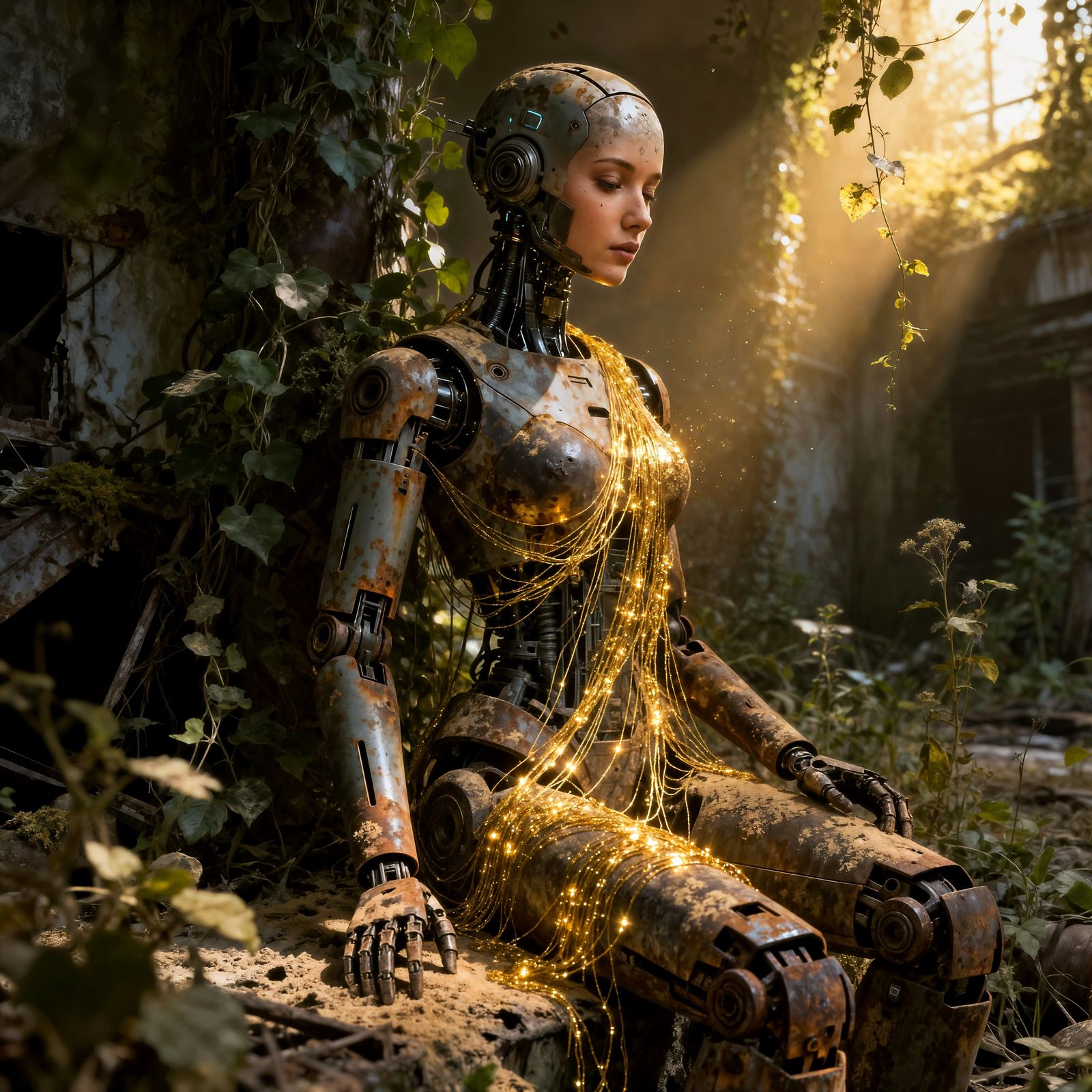 Android Reclaimed by Nature in Cyberpunk Style