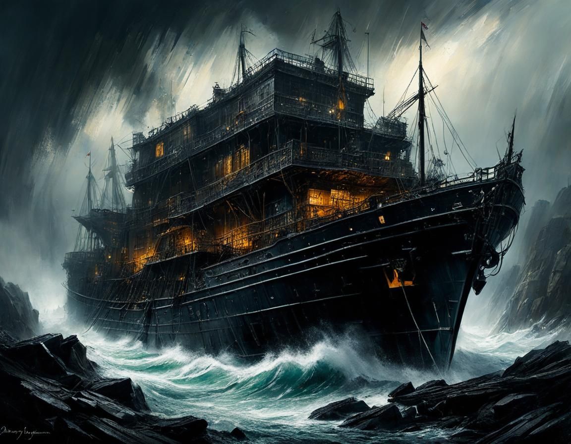 Black Friday Cargo Ship in Storm, Matte Painting