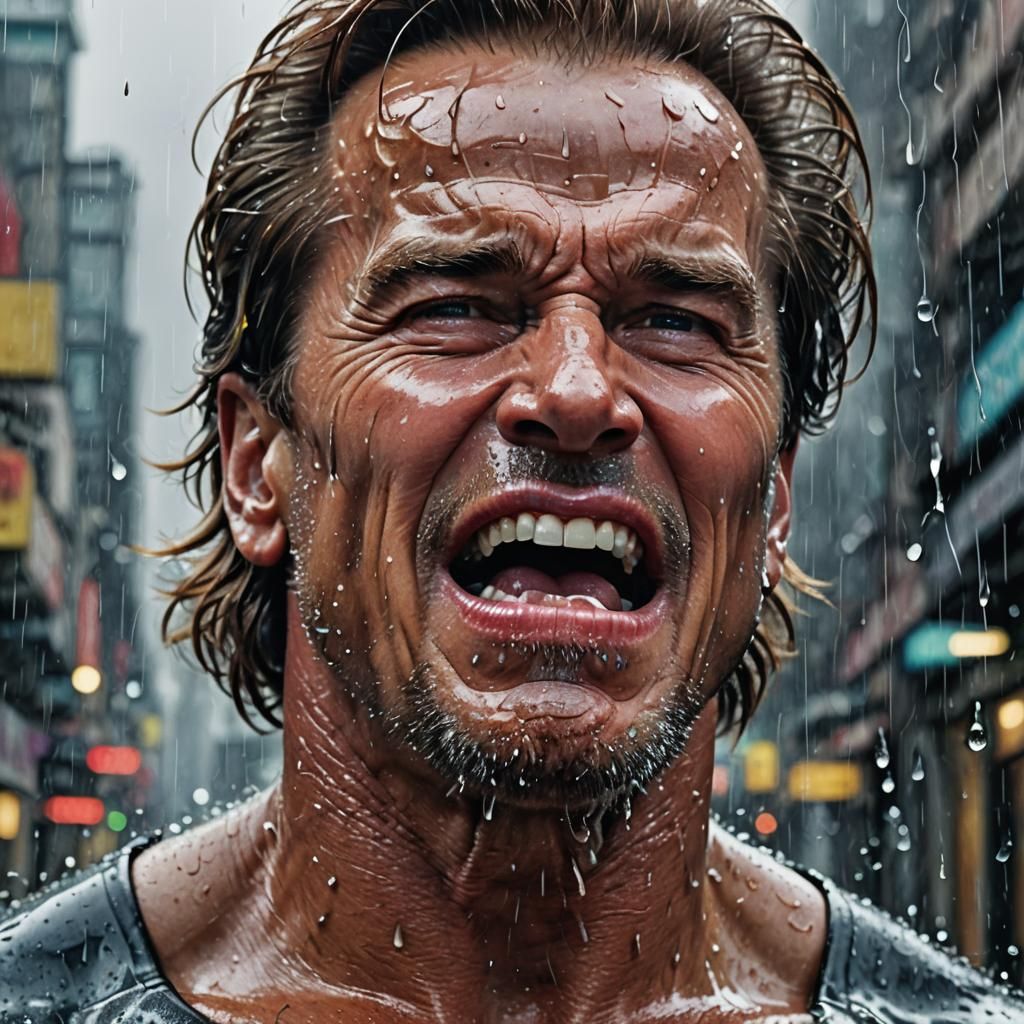 Arnold Schwartzaneger with a mouth that opens surreal wider, filled with an unnaturally long tongue that tastes the meta...