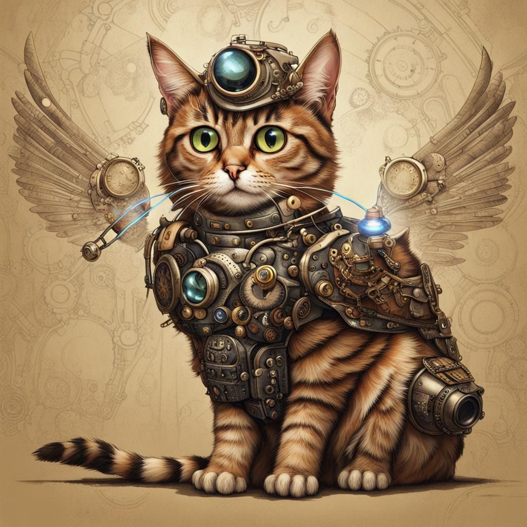 Steampunk Cyborg Tabby Cat with Laser Eye and Wings