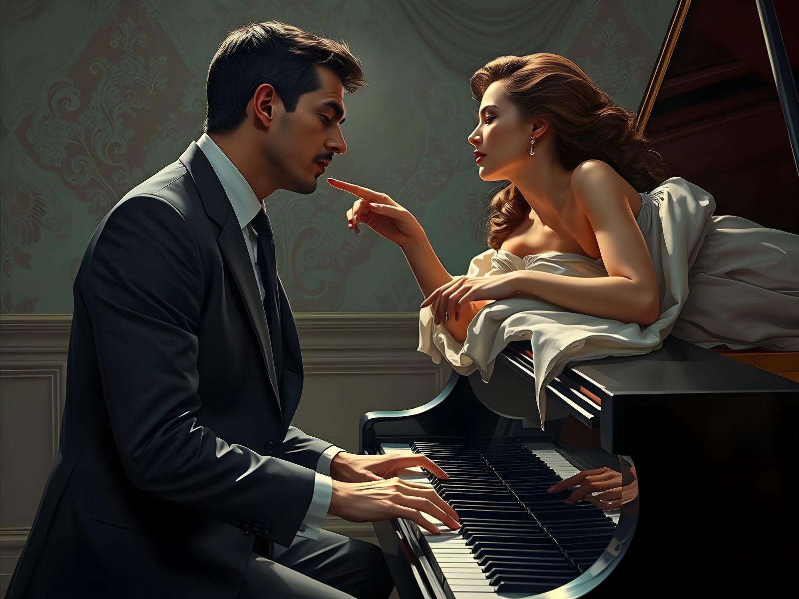 Elegant Woman Plays Piano in Hyperrealistic Mid Shot