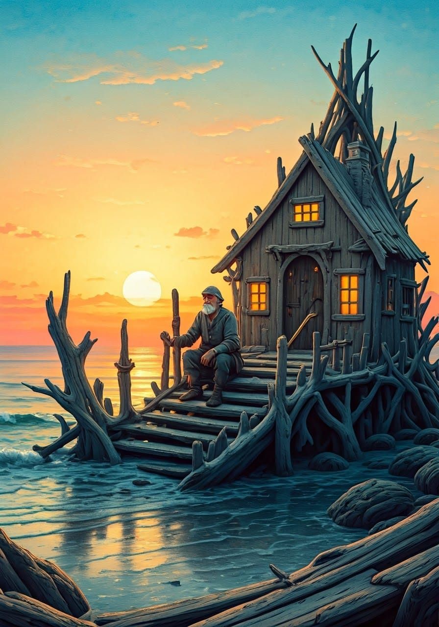 Fisherman's Seaside Cottage in Watercolor Style