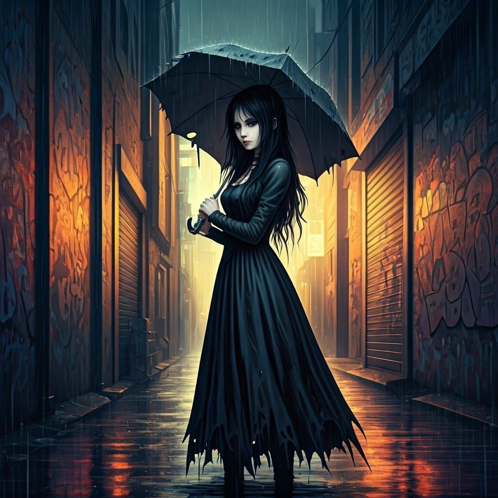 Goth Girl with Umbrella in Psychedelic Alleyway