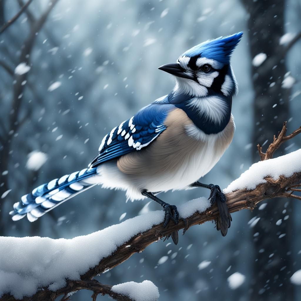 Blue Jay in Snowstorm: Detailed Matte Painting
