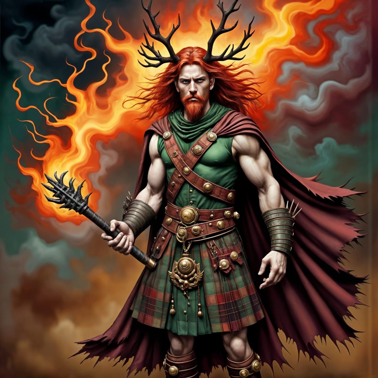 Scottish Antlered Bagpiper in Fiery Highlands