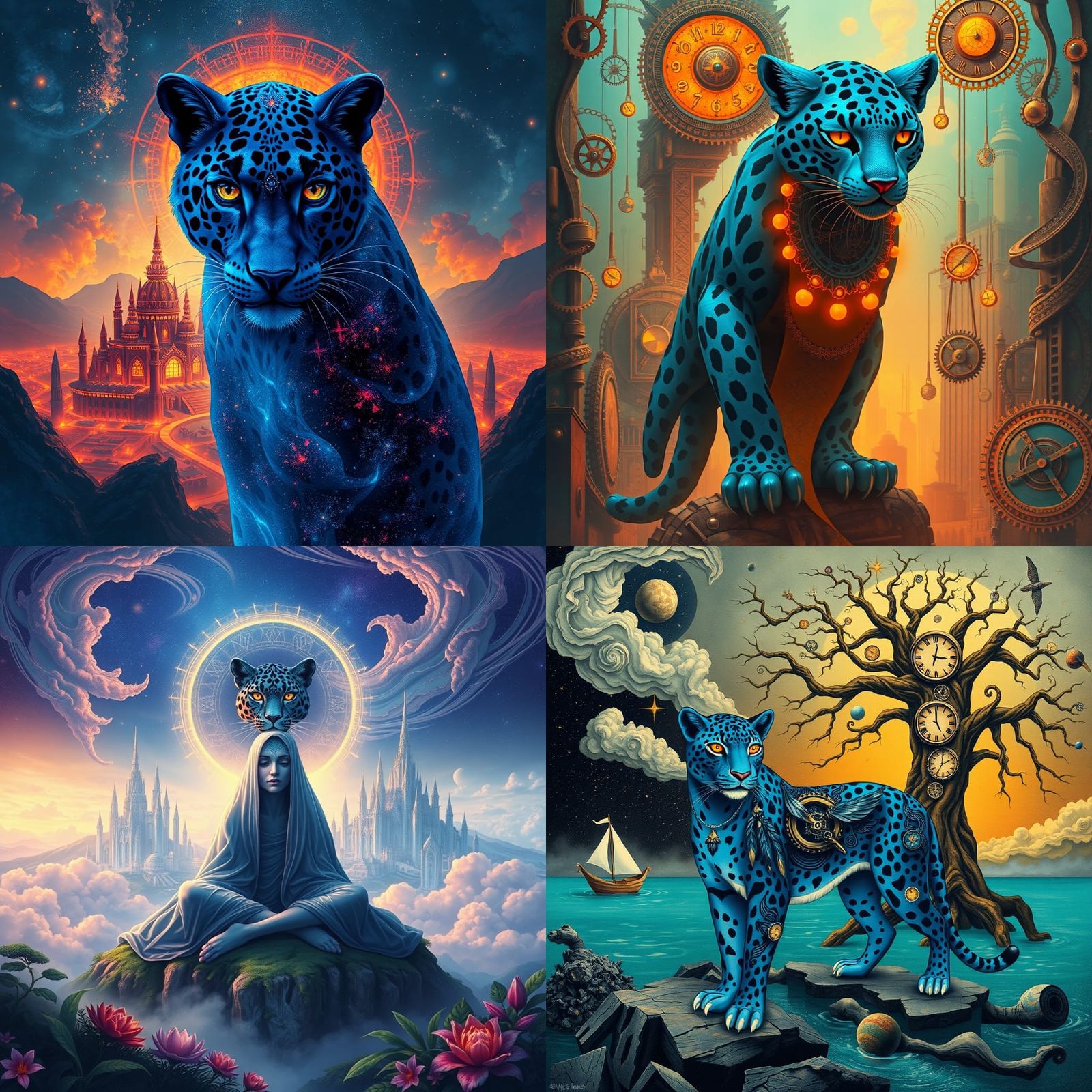 Surreal Shamanic Cityscape with Blue Jaguar and Leopard