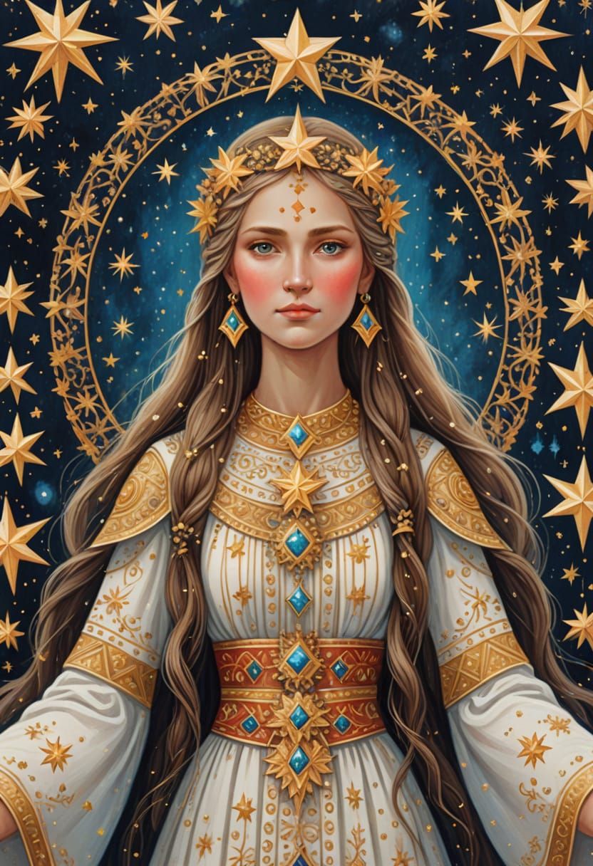 Luminous Goddess of Fate in Vibrant Latvian Folk Art