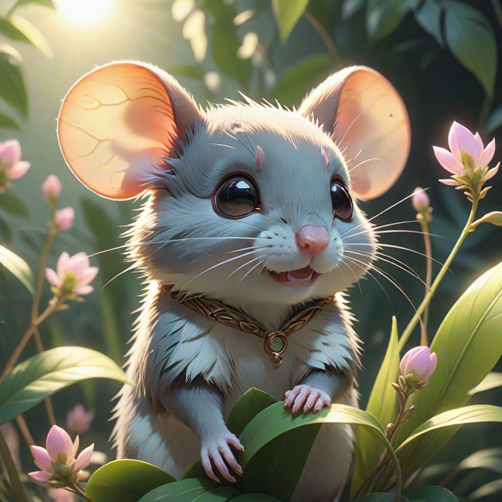 Anime Mouse Peering at Glowing Plant in 3D